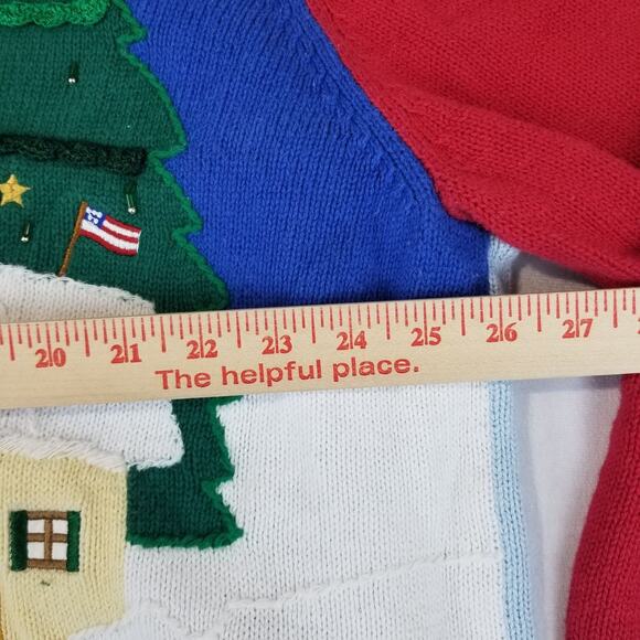 The Quacker Factory Sweater Womens 2X Blue Red Christmas Cardigan Art to Wear - Picture 7 of 8